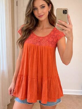 Altar'd State Orange Crochet Yoke Short Sleeve Tunic Boho Festival
